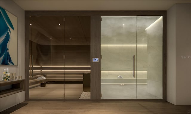 view of sauna / steam room with wood-type flooring