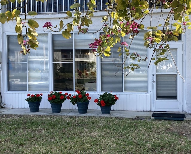 view of exterior entry with a lawn