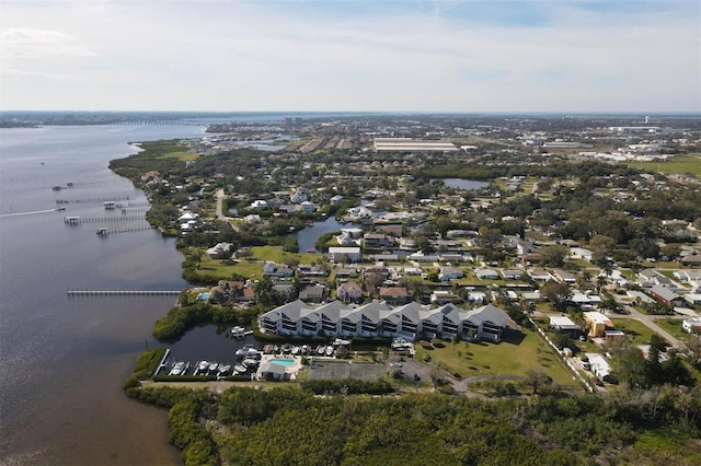 drone / aerial view featuring a water view