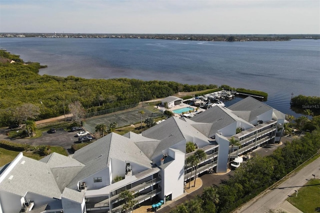 aerial view featuring a water view