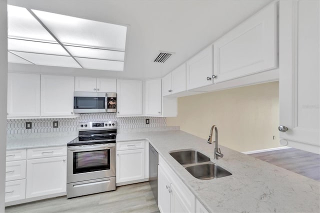 kitchen featuring sink, white cabinets, appliances with stainless steel finishes, light hardwood / wood-style flooring, and tasteful backsplash