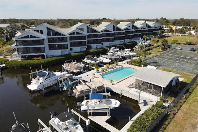 bird's eye view with a water view