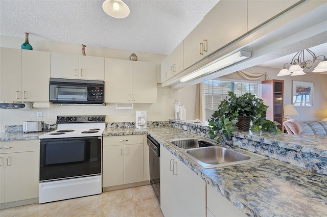 kitchen featuring sink, black appliances, light tile flooring, and a textured ceiling