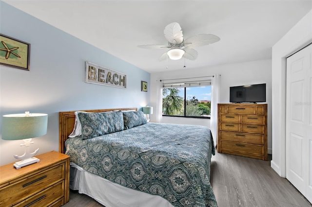 bedroom with a closet, hardwood / wood-style floors, and ceiling fan