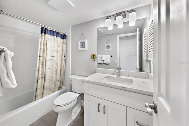 full bathroom with oversized vanity, toilet, shower / tub combo, and tile floors