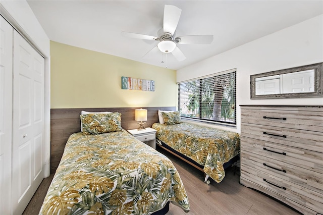 bedroom featuring ceiling fan, a closet, and dark wood-type flooring