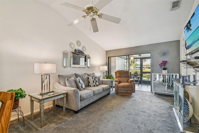 carpeted living room featuring ceiling fan and high vaulted ceiling