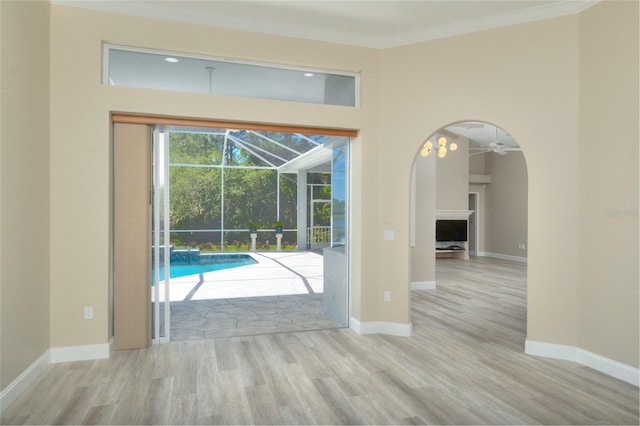 view of swimming pool featuring ceiling fan