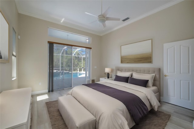 bedroom featuring ceiling fan, access to outside, light wood-type flooring, and ornamental molding