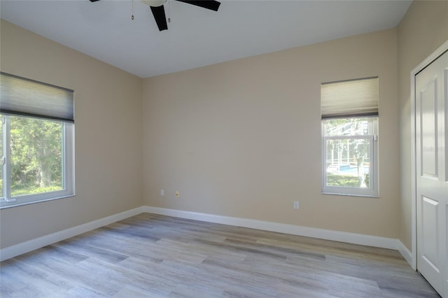 empty room featuring ceiling fan and light wood-type flooring