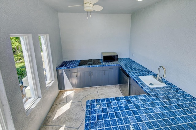 interior space with ceiling fan and sink