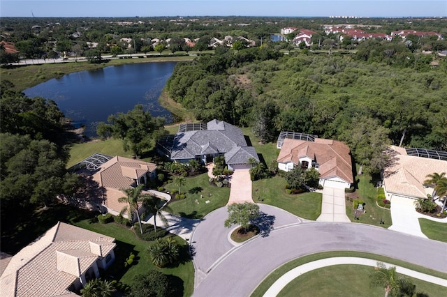 aerial view featuring a water view