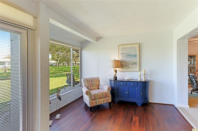 sitting room featuring dark wood-type flooring, lofted ceiling with beams, and plenty of natural light