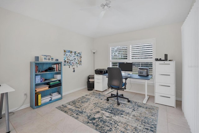 tiled office with ceiling fan