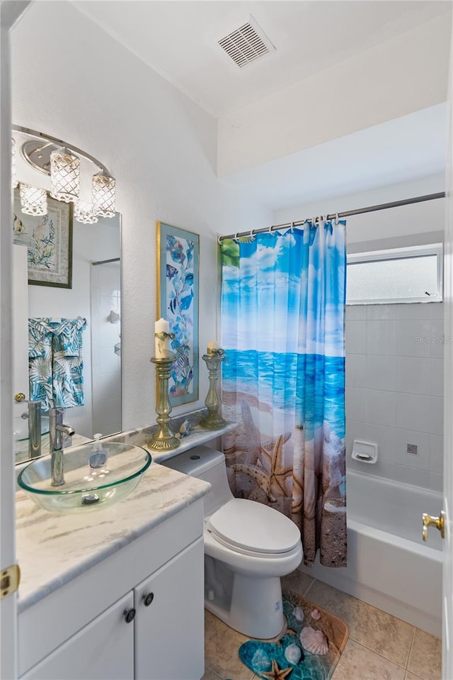 bathroom featuring visible vents, toilet, tile patterned flooring, shower / bathtub combination with curtain, and vanity