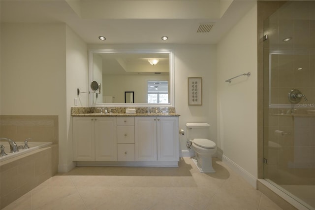 full bathroom featuring tile patterned floors, toilet, independent shower and bath, and vanity