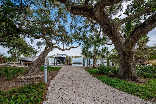 exterior space with a dock and a water view