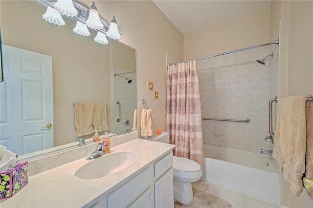 full bathroom with tile flooring, shower / tub combo with curtain, large vanity, and toilet