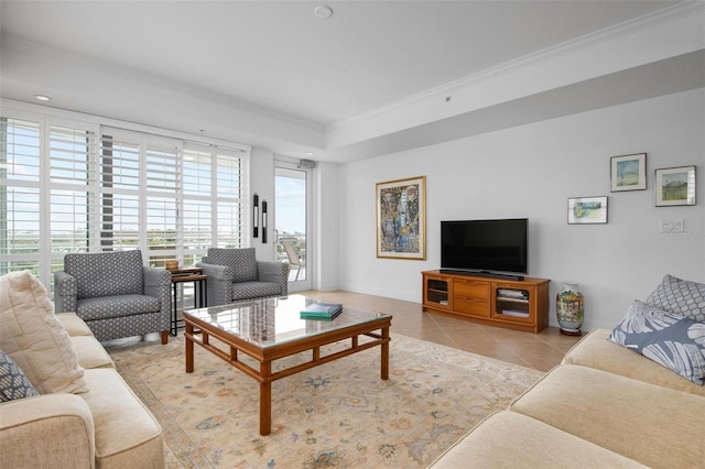 tiled living room with ornamental molding