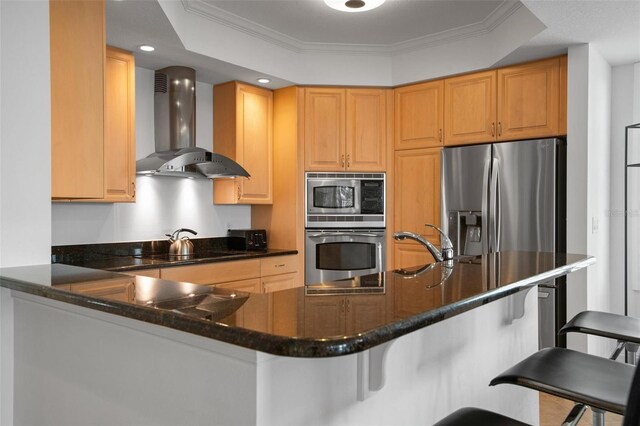 kitchen with wall chimney range hood, stainless steel appliances, kitchen peninsula, and a breakfast bar