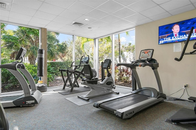 workout area featuring a paneled ceiling and expansive windows