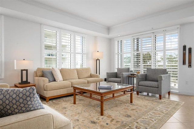 living room featuring crown molding and light tile patterned flooring