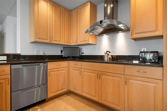 kitchen featuring light brown cabinets, black electric cooktop, dishwasher, dark stone counters, and range hood