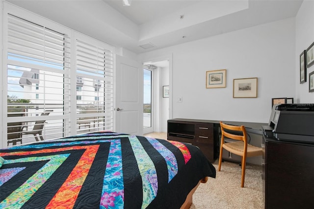 carpeted bedroom with a raised ceiling