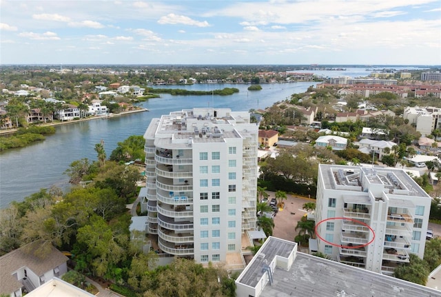 aerial view featuring a water view