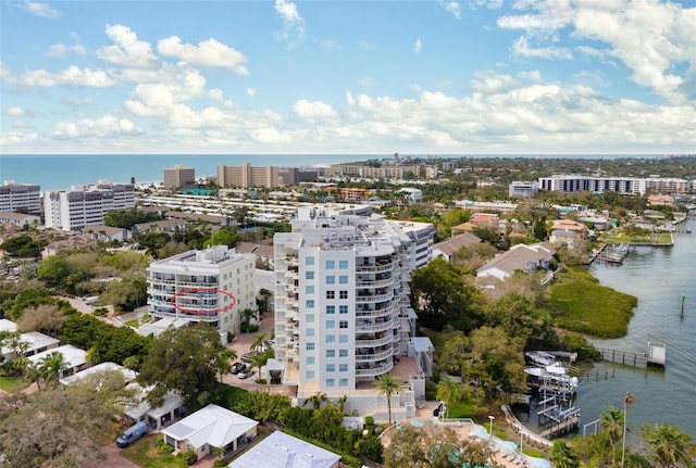 drone / aerial view featuring a water view