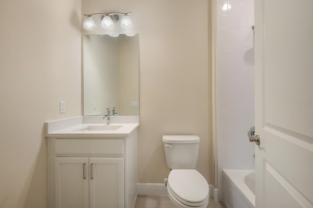 full bathroom with toilet, vanity, and tub / shower combination