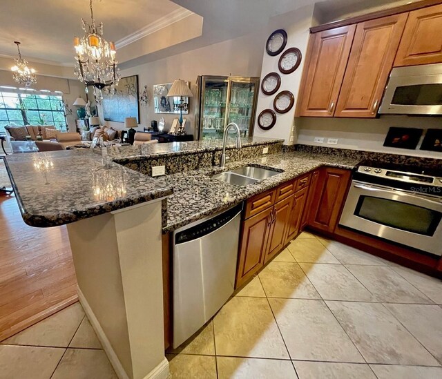 kitchen with a tray ceiling, a notable chandelier, appliances with stainless steel finishes, light hardwood / wood-style floors, and sink