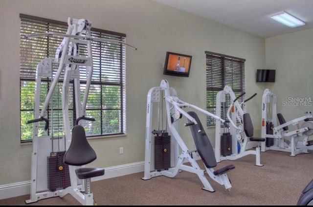 exercise area with plenty of natural light and dark colored carpet