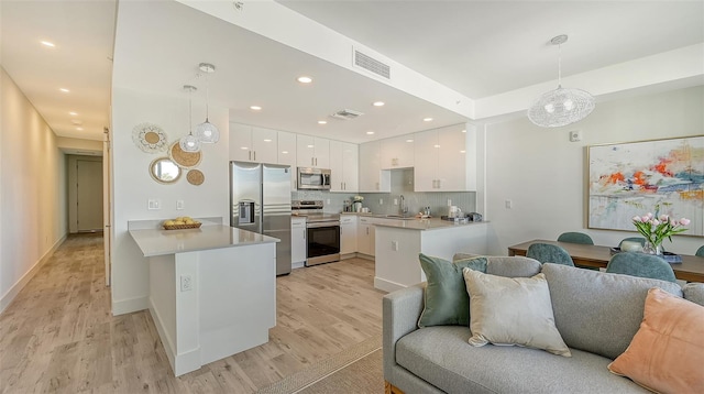 kitchen with backsplash, appliances with stainless steel finishes, light hardwood / wood-style floors, white cabinetry, and kitchen peninsula