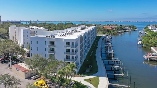 drone / aerial view with a water view