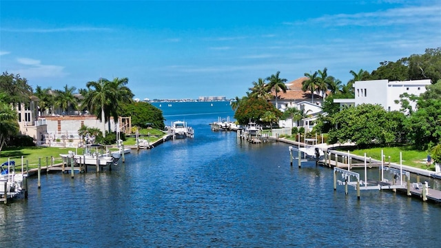 view of water feature with a boat dock and boat lift