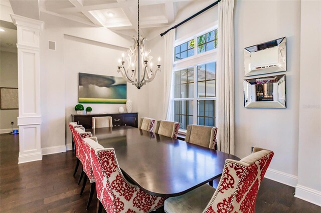 dining area with dark hardwood / wood-style flooring, ornate columns, coffered ceiling, an inviting chandelier, and beamed ceiling