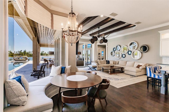 dining room featuring beamed ceiling, a notable chandelier, ornamental molding, and dark wood-type flooring