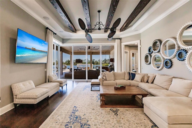 living room with beam ceiling, ceiling fan, hardwood / wood-style floors, and crown molding