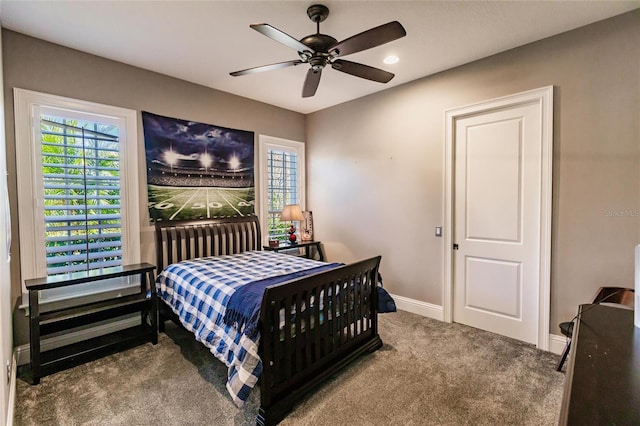 bedroom featuring carpet flooring and ceiling fan