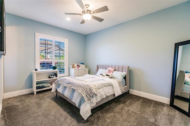 carpeted bedroom with ceiling fan