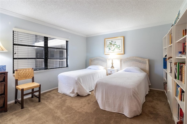 bedroom featuring carpet floors, a textured ceiling, baseboards, and crown molding