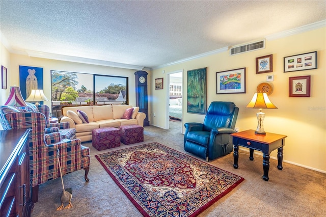 living room featuring a textured ceiling, ornamental molding, carpet flooring, and visible vents