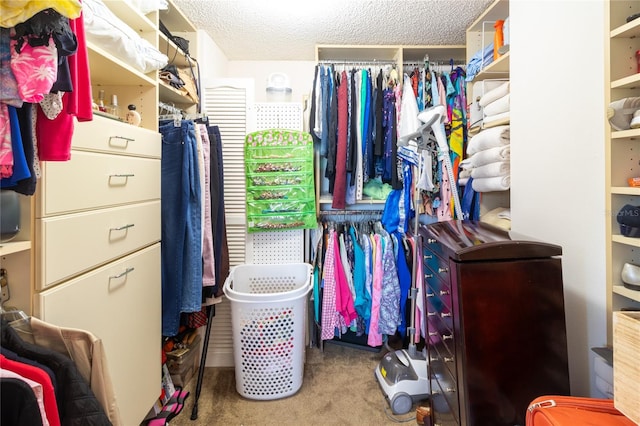 walk in closet featuring carpet flooring