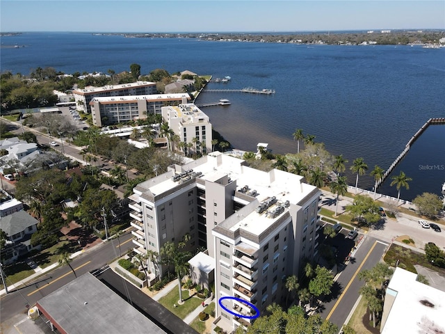 bird's eye view with a water view