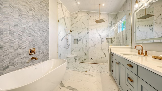 bathroom with vanity, separate shower and tub, and vaulted ceiling