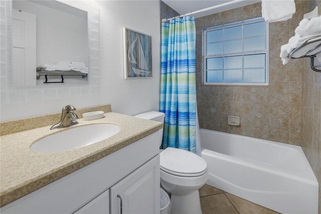 full bathroom with shower / bath combo, tile flooring, oversized vanity, and toilet