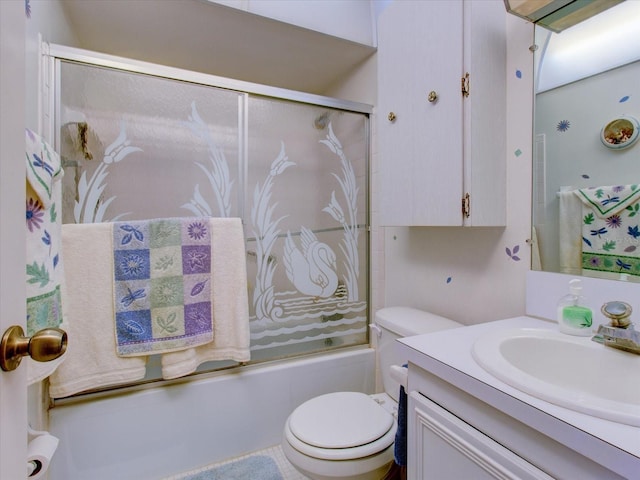 full bathroom with vanity, toilet, and enclosed tub / shower combo