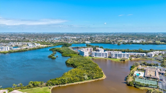 bird's eye view with a water view