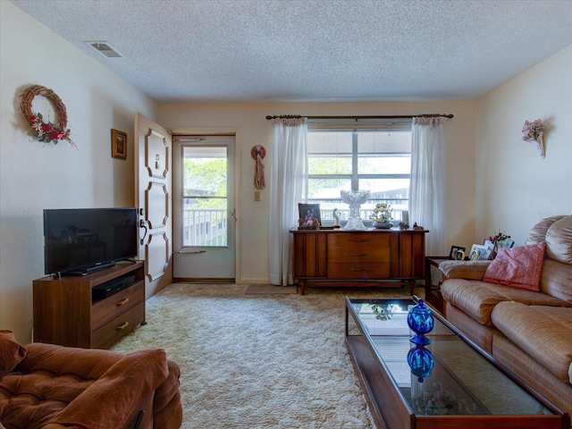 carpeted living room with a textured ceiling